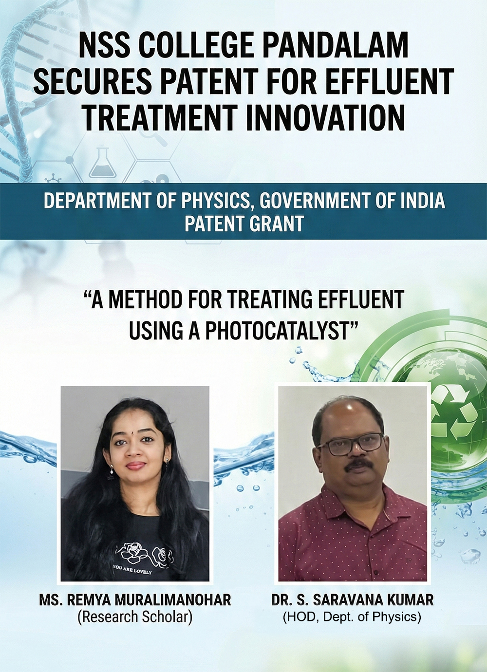 NSS College Pandalam Secures Patent for Effluent Treatment Innovation
